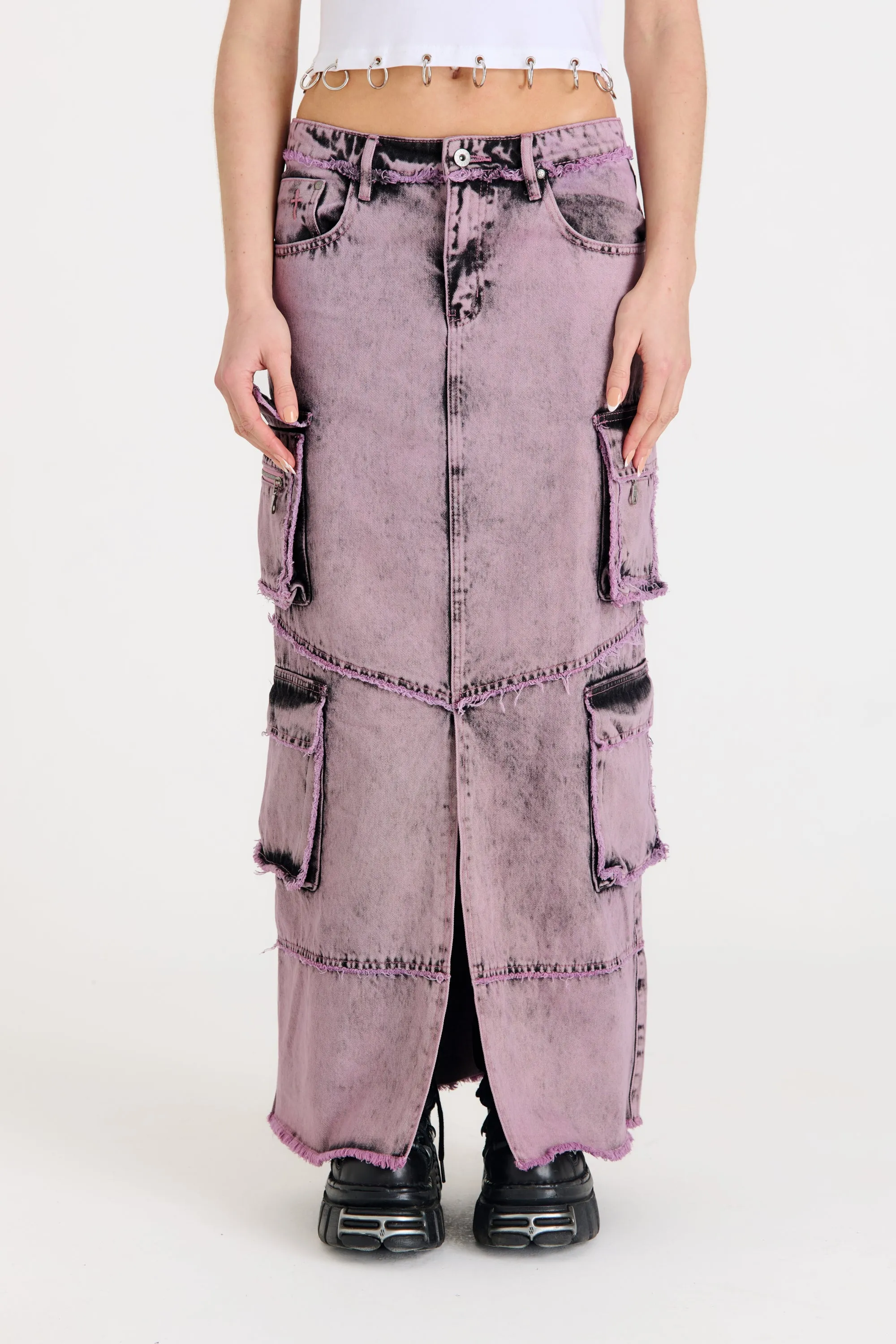 Vortex Denim Combat Maxi Skirt High low hem Non Restrictive Fit