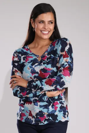 Legend Fit Warm Touch Top with side rouching | Blues Pink Floral | 7908B1