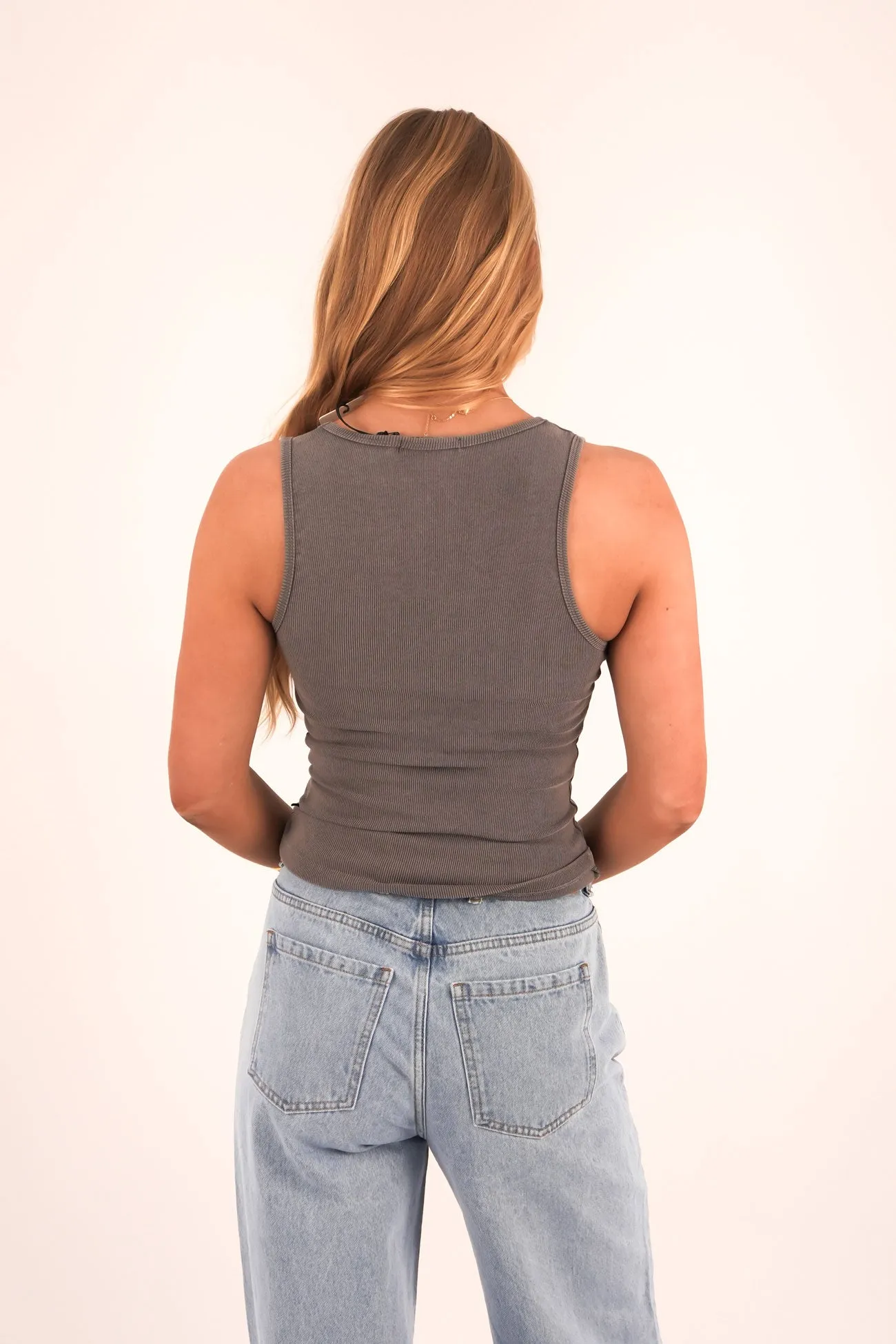 Washed Rib Scoop Neck Tank Charcoal Mom Soft ThermalRegulating Fabric