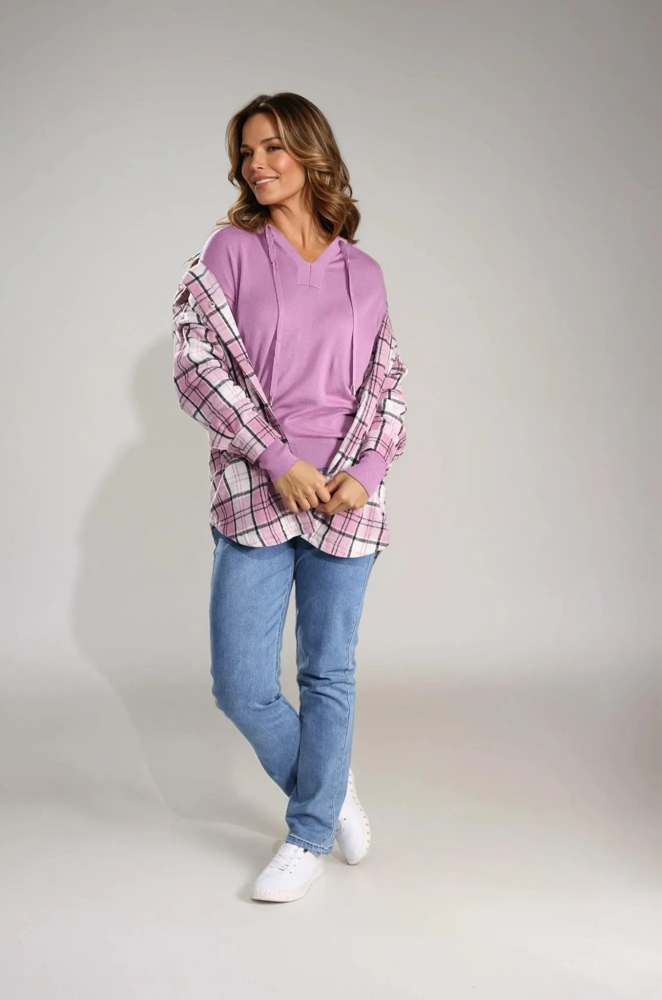 Brushed Checks Jacket | Pink Ivory Check | 6033B1 Adjustable Detachable Hood