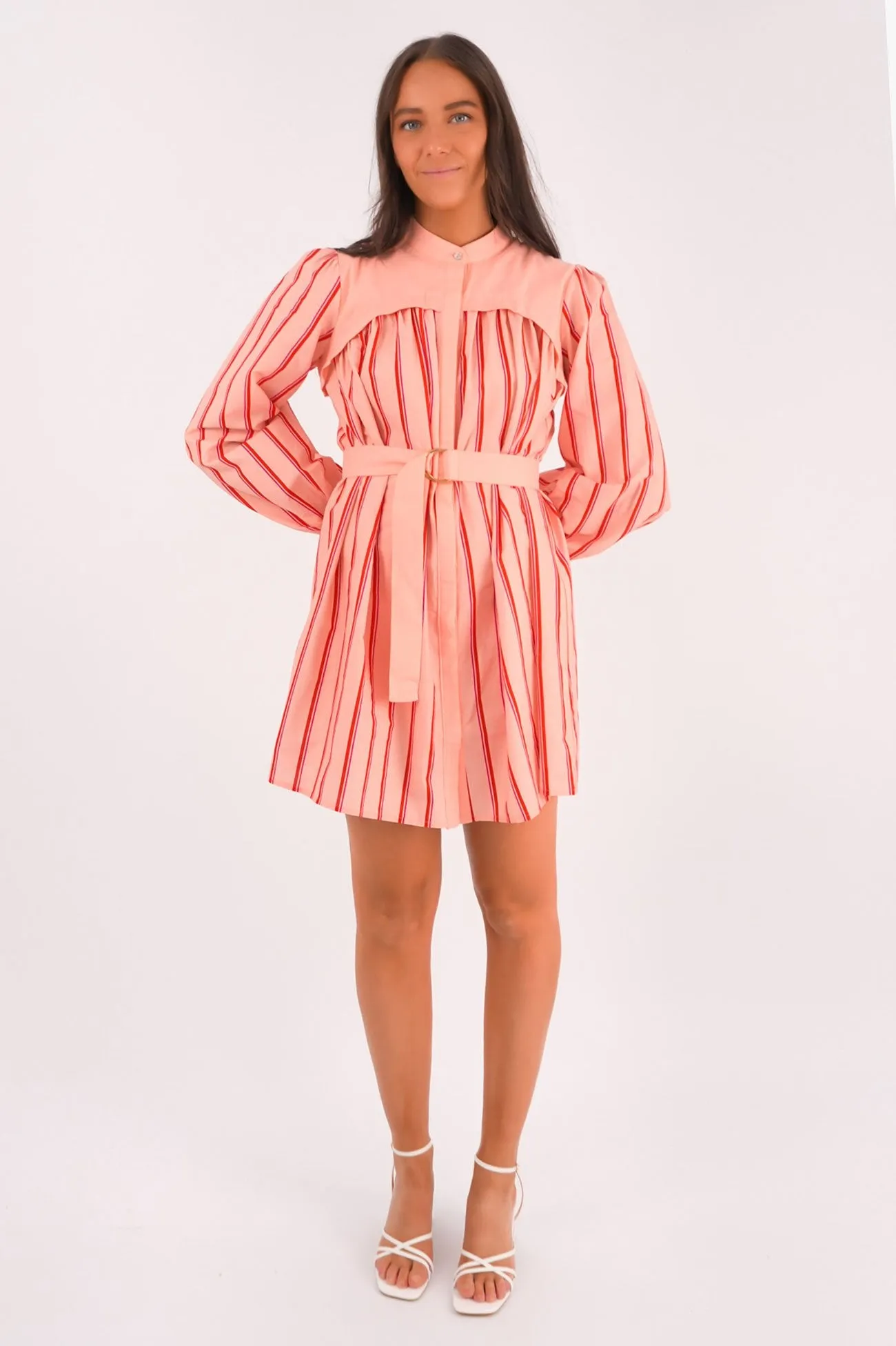 Mae Mini Dress Pink Stripe Comfy Layers Cinched-Waist