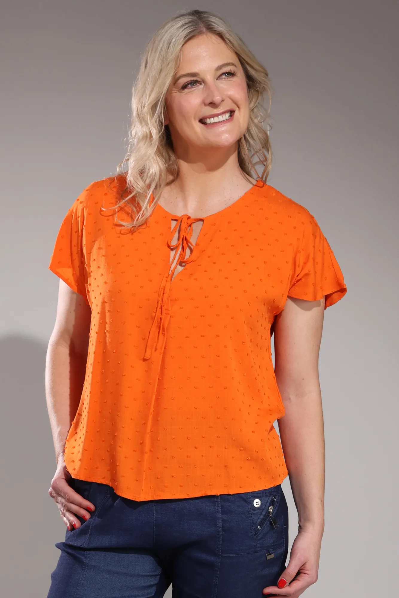 Comfortable Sweater Tie neck Top with curve hem | ORANGE | 6132A1