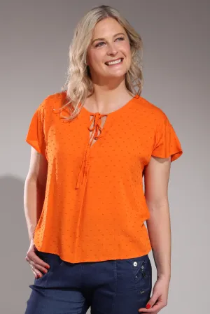 VersatileCuff DoubleStitched Tie neck Top with curve hem | ORANGE | 6132A1