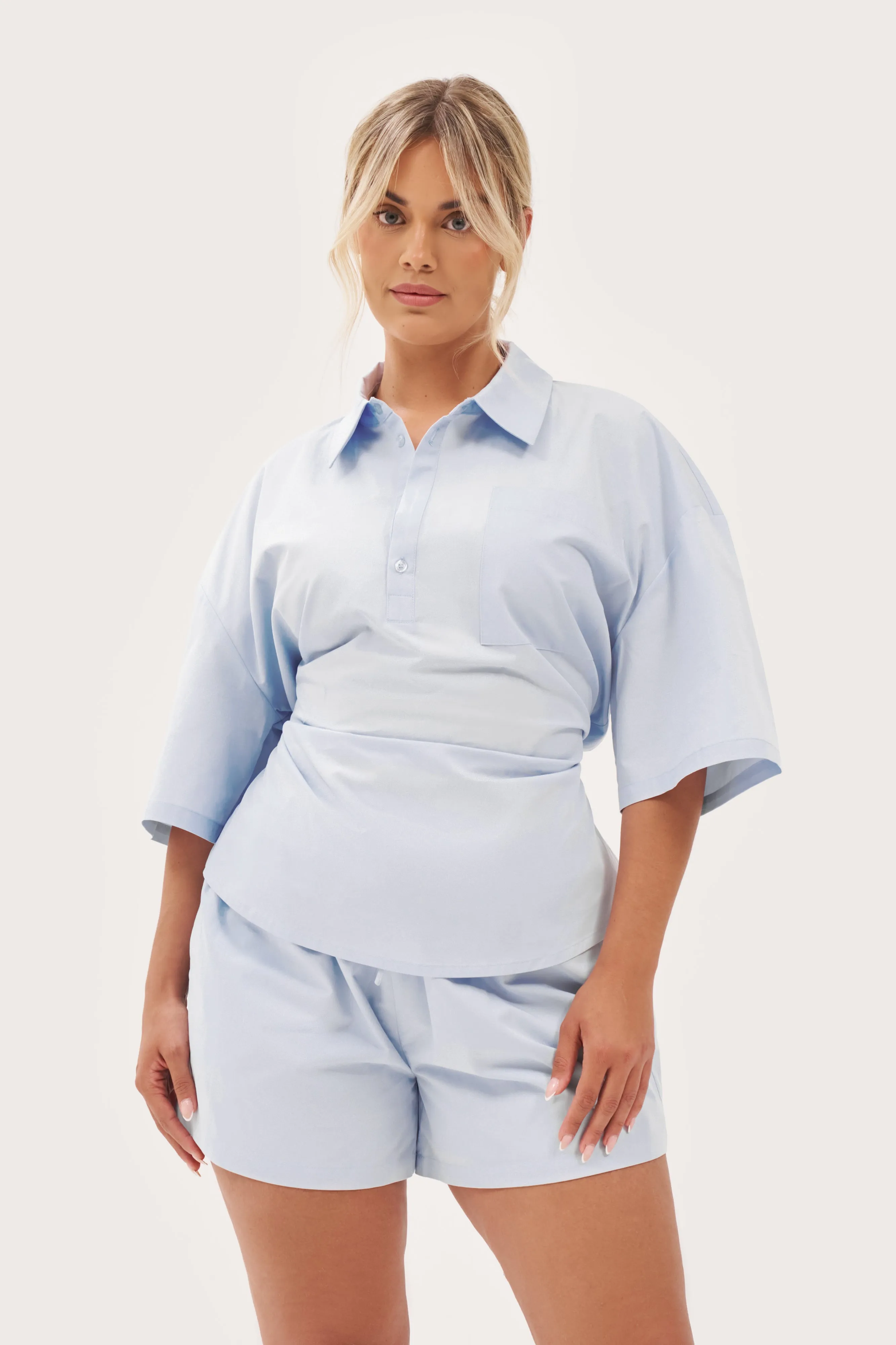 Multi Panel Structure Breathable Stretch Tie-Up Overhead Shirt - Pale Blue