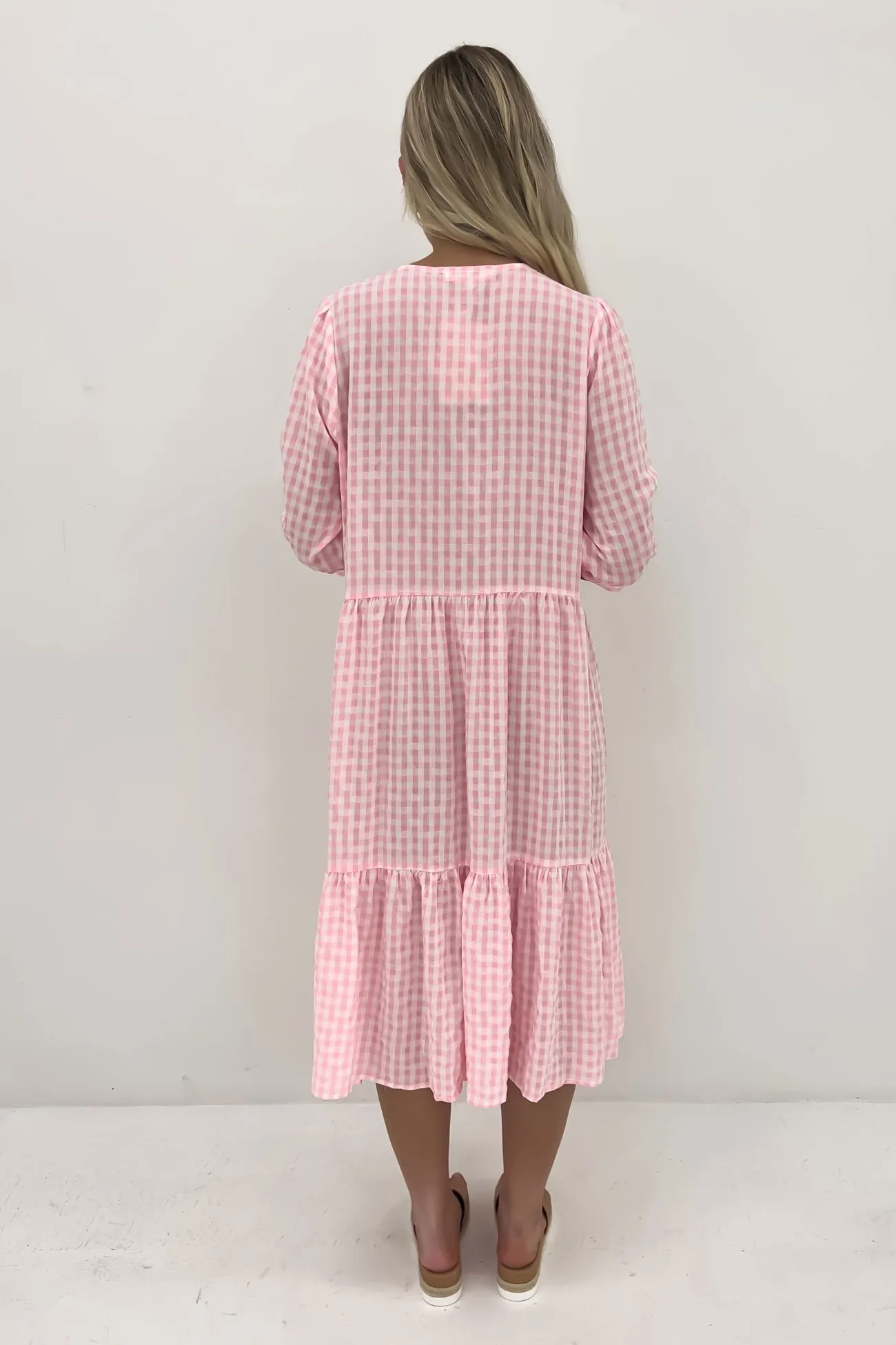 Elastic-Cuff Kaylah Midi Dress Pink Gingham