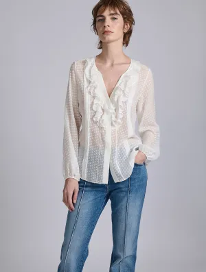 White ruffled blouse in jacquard plumetis cycling outfit Everyday Chic