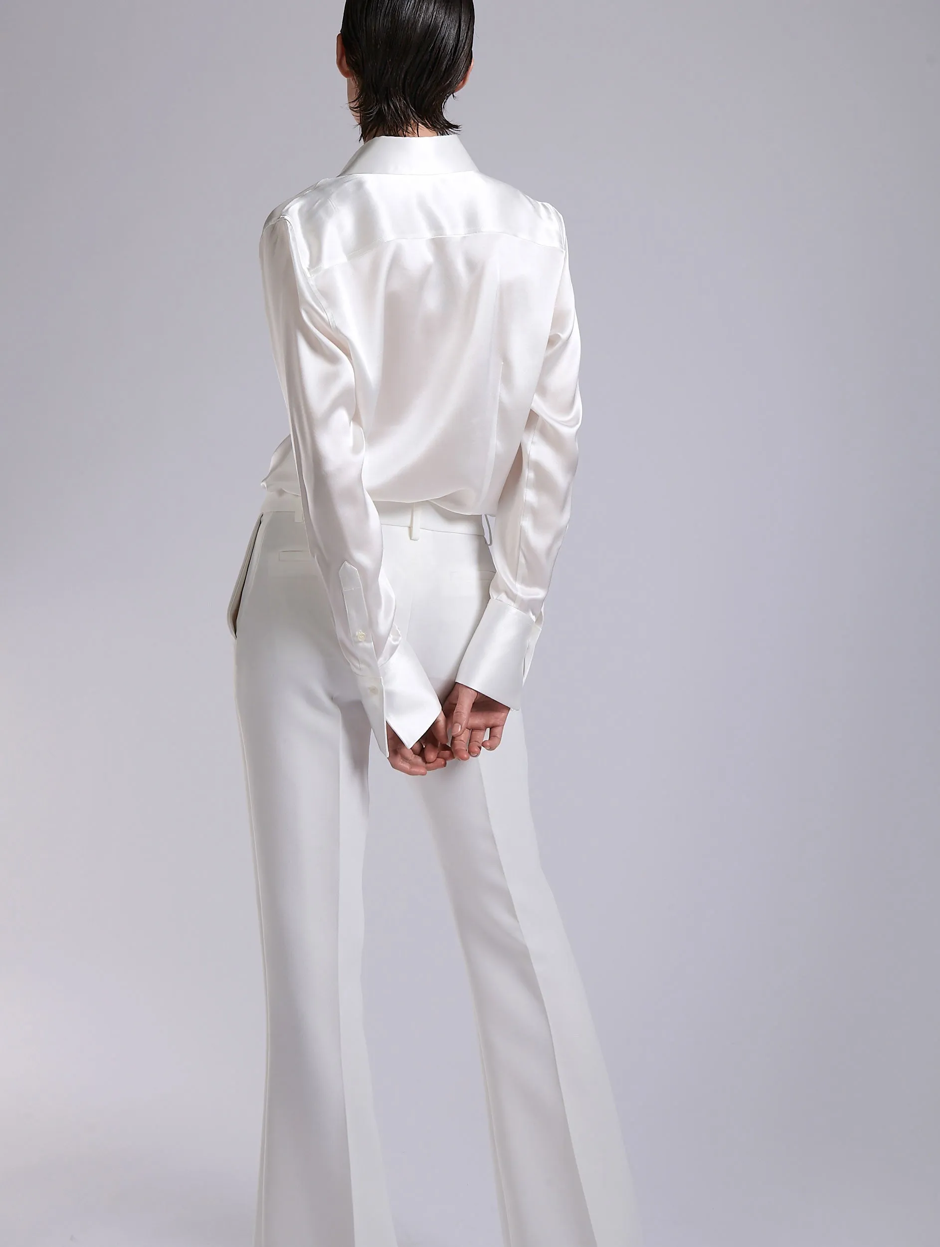 Light and Soft Street Trendy White silk satin lavalli??re shirt