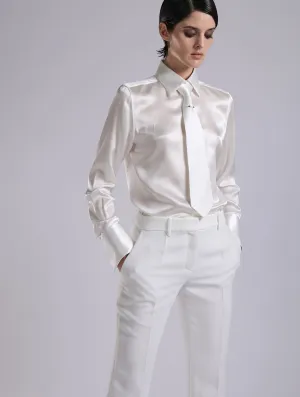 Pocket Design DoubleStitched Seams White silk satin lavalli??re shirt