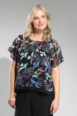 Mini pleat unlined Chiffon Top | Black Multi Petal | 8573A1 FoldableDesign AdjustableCuffs