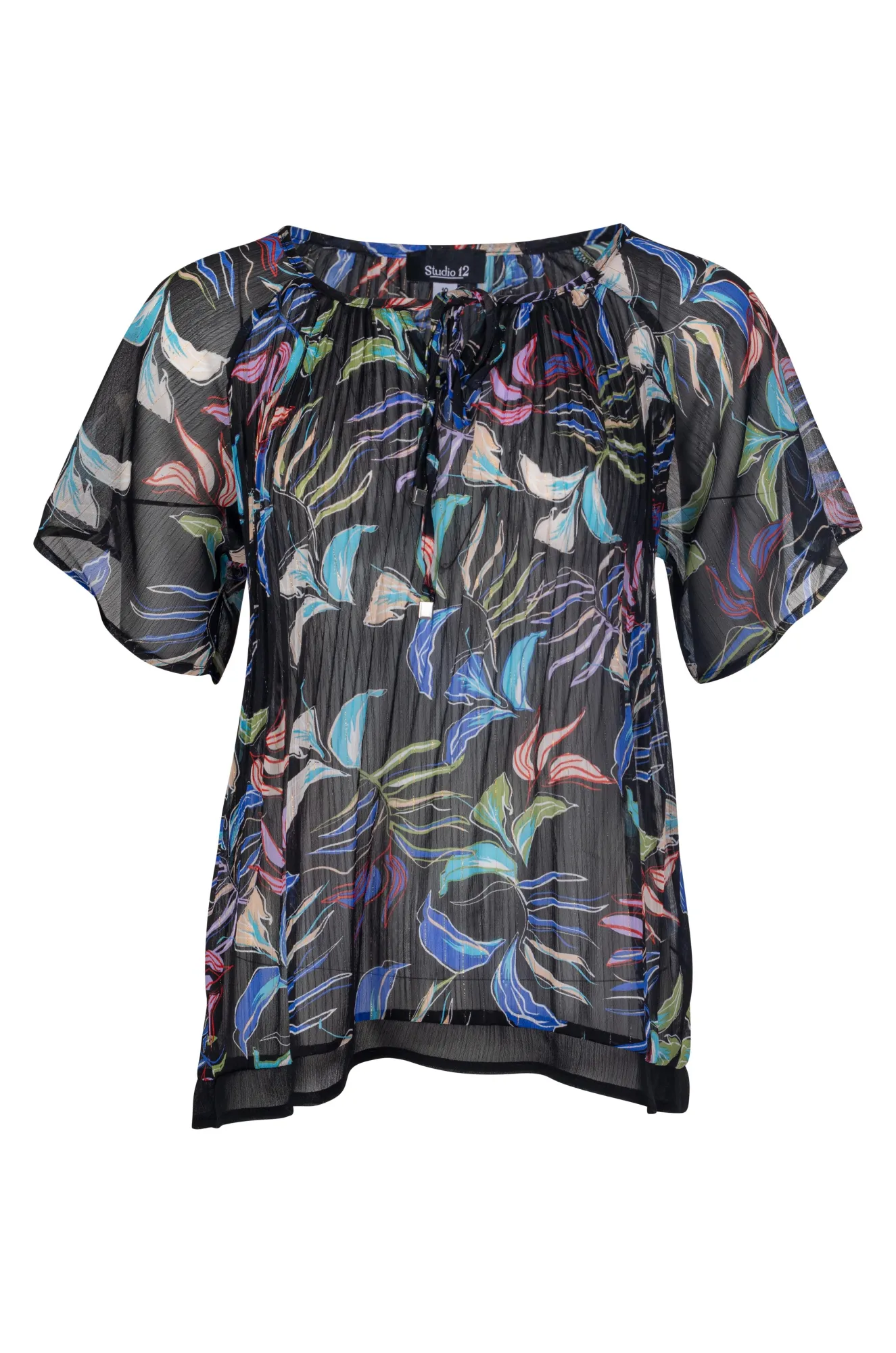 Quiet Core Bold Fashion Mini pleat unlined Chiffon Top | Black Multi Petal | 8573A1