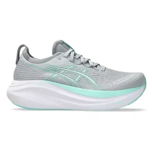 training equipment Womens Asics Gel-Nimbus 27 in Piedmont Grey/Illuminate Mint