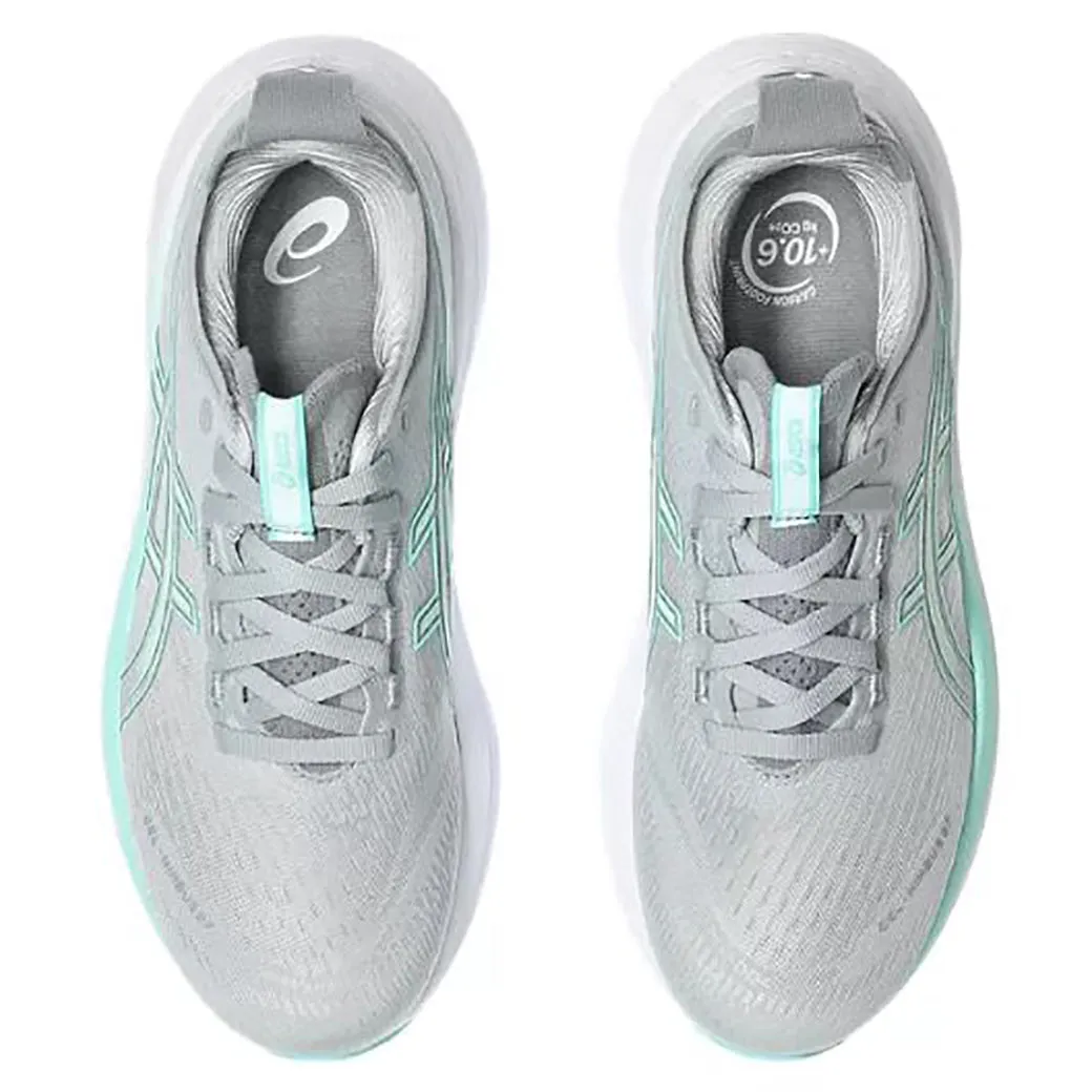 Womens Asics Gel-Nimbus 27 in Piedmont Grey/Illuminate Mint Aerodynamic Shape tapered running shoes