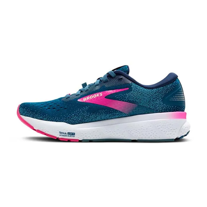 Uphill running Womens Brooks Running Ghost 16 GTX in Moroccan Blue/Pink/Yellow