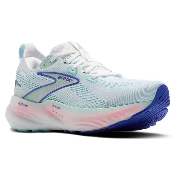 Womens Brooks Running Glycerin 22 in White/Limpet Shell/Amparo Blue Balanced Stack Height Reactive Rollbar Tech