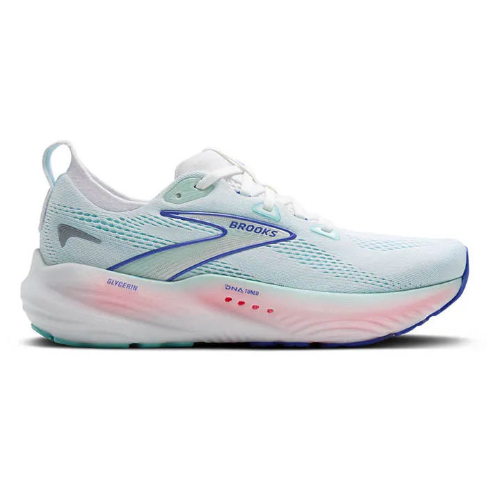 Womens Brooks Running Glycerin 22 in White/Limpet Shell/Amparo Blue BlownRubberOutsole QuickDryFabric