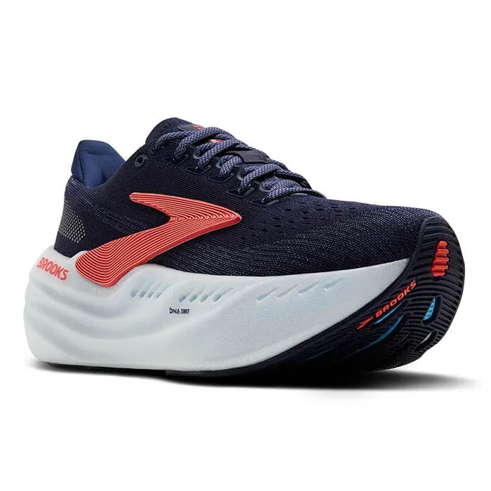 Womens Brooks Running Glycerin Max in Peacoat/Blue Ribbon/Hot Coral running with a sports bra