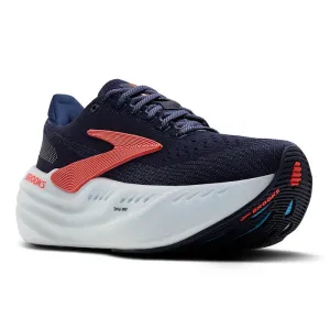 Womens Brooks Running Glycerin Max in Peacoat/Blue Ribbon/Hot Coral running with a sports bra