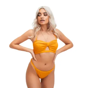 Women's Crinkle Knot Cut Out Bandeau Bikini Top,Yellow Four Way Stretch