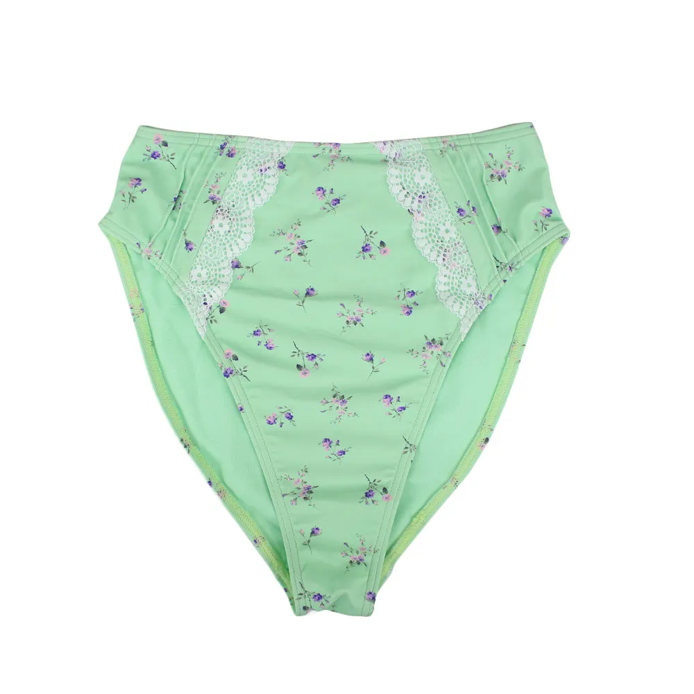 Women's Floral High Waist Bikini Bottom,Light Green Non Chafing Edges