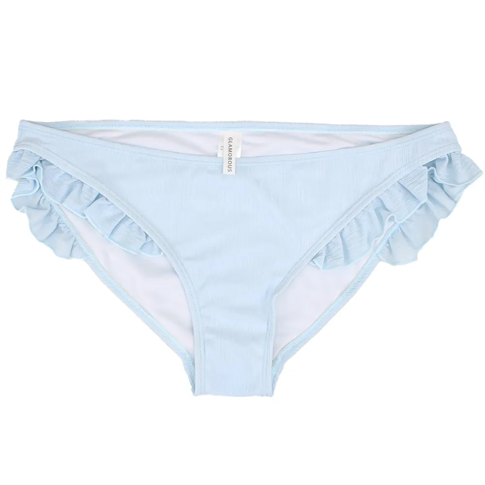 Women's Frill Side  Ribbed Bikini Bottom,Light Blue Anti Fade Technology