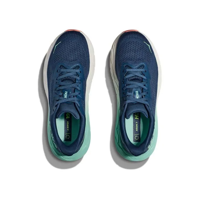 Foot Shape static shoes Womens Hoka Arahi 7 in Midnight/Seafoam