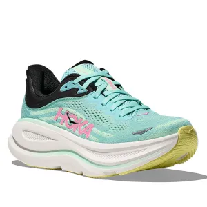grassy terrain Womens Hoka Bondi 9 in Blue Spark/Mint Flourite