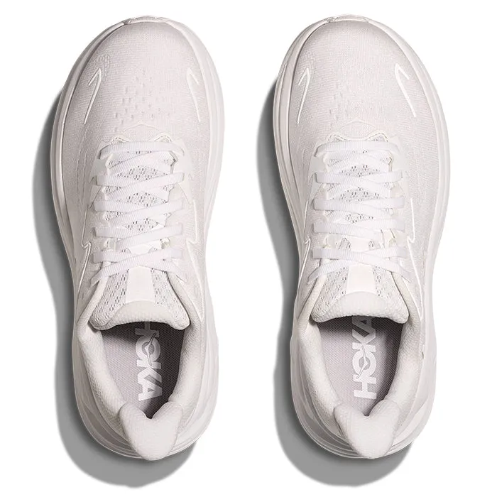 Womens Hoka Clifton 10 Extra Wide in White/White Reinforced Heel Support Motion Freedom