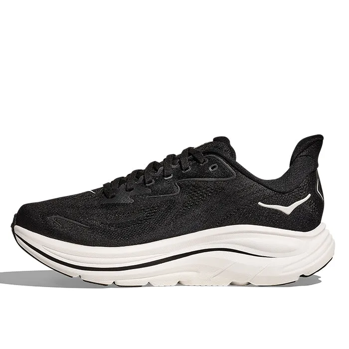 Womens Hoka Clifton 10 in Black/White non - stretchy upper shoes jungle - themed running wear