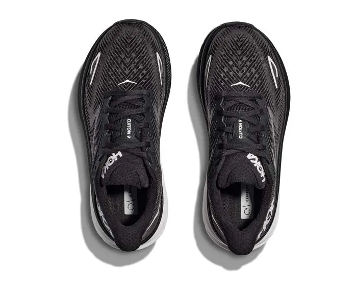 Womens Hoka Clifton 9 Wide in Black/White Pressure Relief Insoles running in a swimming pool area shoes