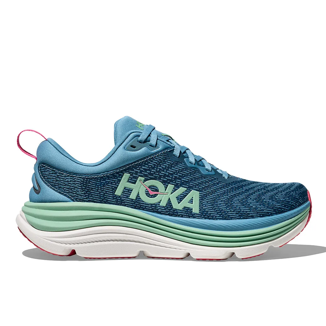 Womens Hoka Gaviota 5 in Alpine Blue/Jadeite Heel Zone Reflective Safety Details