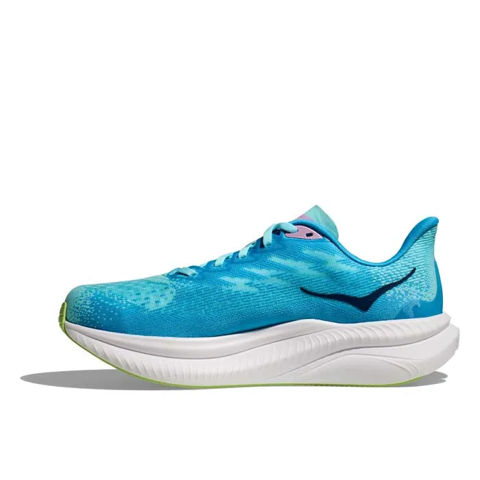 Womens Hoka Mach 6 in Cloudless/Waterpark Carbon plate Seamless Knit Fabrication
