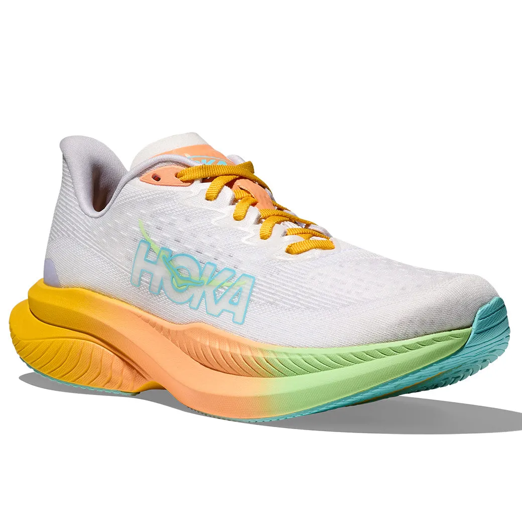 Womens Hoka Mach 6 in Frost/Starlight Glow Rolling Motion System outdoor trail running shoe usage