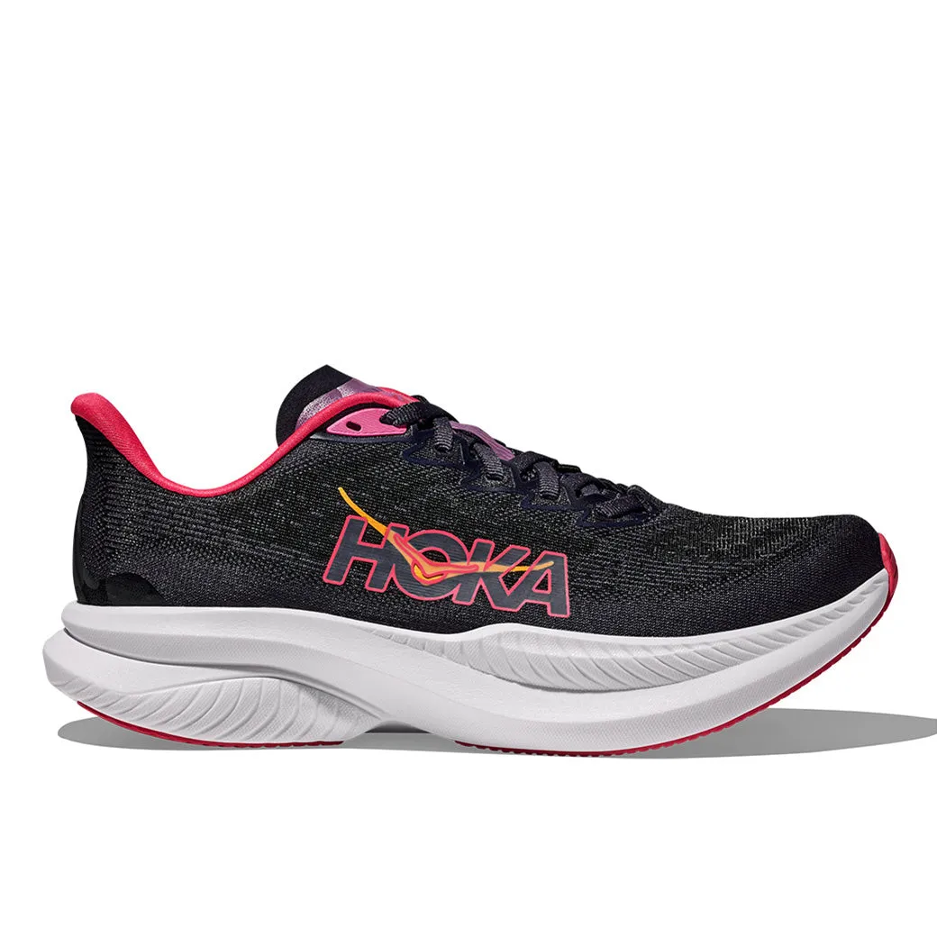 Womens Hoka Mach 6 in Varsity Navy/ Nautical Blue running with a bandana premium running gear