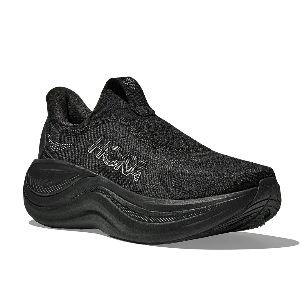 Womens Hoka Skyward Laceless in Black/Black weightlifting shoes running for a way to stay connected to the community