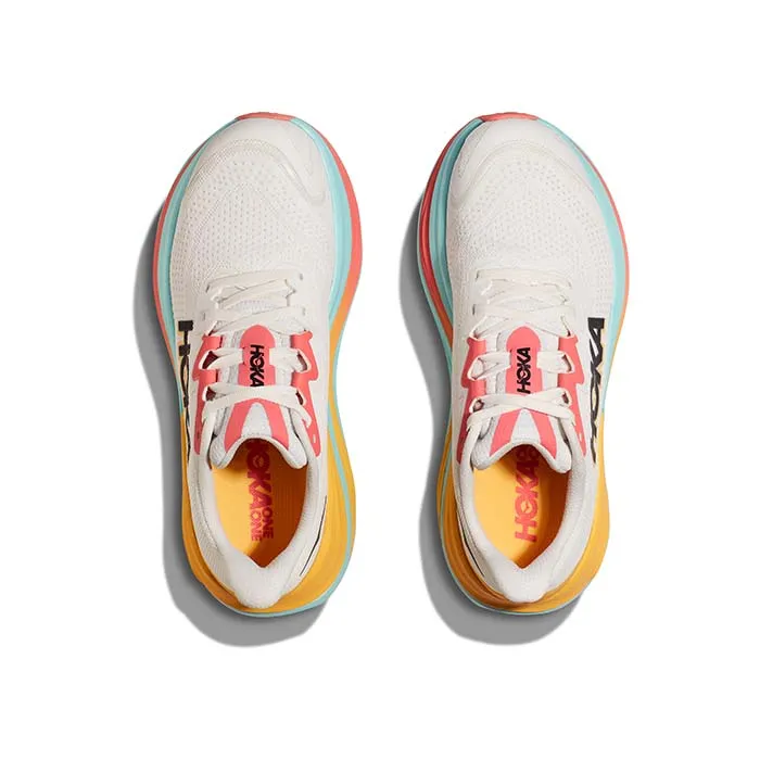 pre - run running in a dam area shoes Womens Hoka Skyward X in Blanc De Blanc/Swim Day