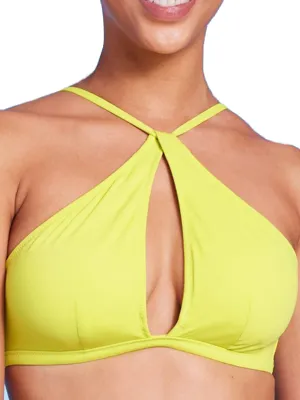 Women's Longline Keyhole Halter Bikini Top,Yellow Anti Slip Trim