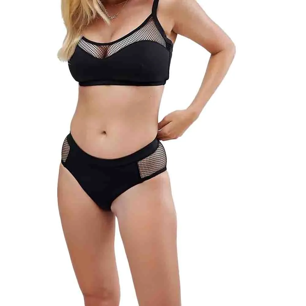 Women's Mesh Detail High Waist Bikini Bottom,Black Smooth Skin Fabric Cool Touch Fabric