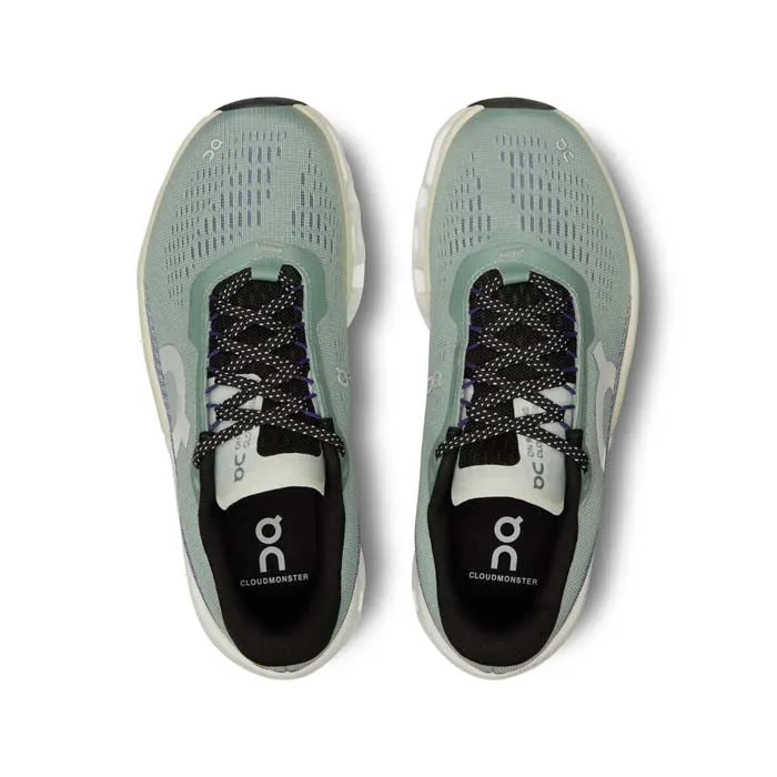 dry - climate running shoes running on uneven ground Womens On Running Cloudmonster 2 in Mineral/Aloe