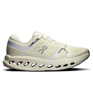 Womens On Running Cloudsurfer 2 in Ivory/Ivory running in a baseball field area shoes Anti Blister Lining