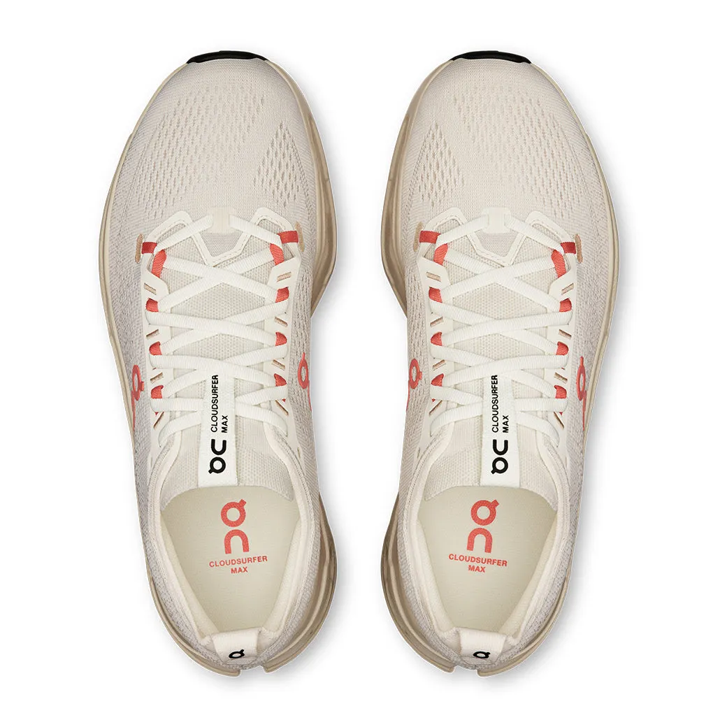 Womens On Running Cloudsurfer Max in Ivory/Salmon running with a heart rate monitor Indoor Running