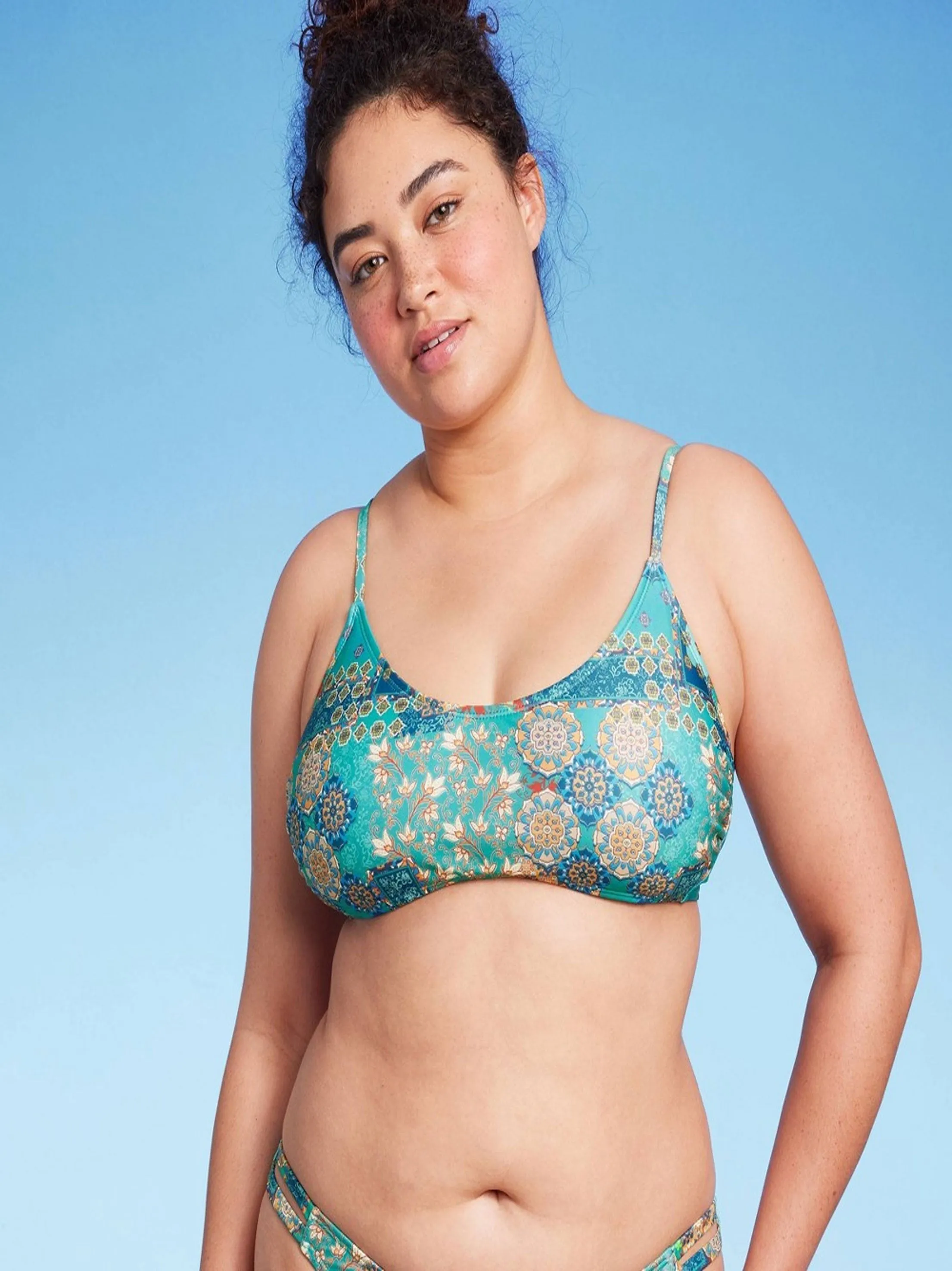 Women's Patchwork Printed Bikini Top,Blue Quick Drying Technology