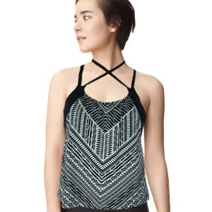 Women's Printed Layered Swim Tankini,Black/White Sustain Glow