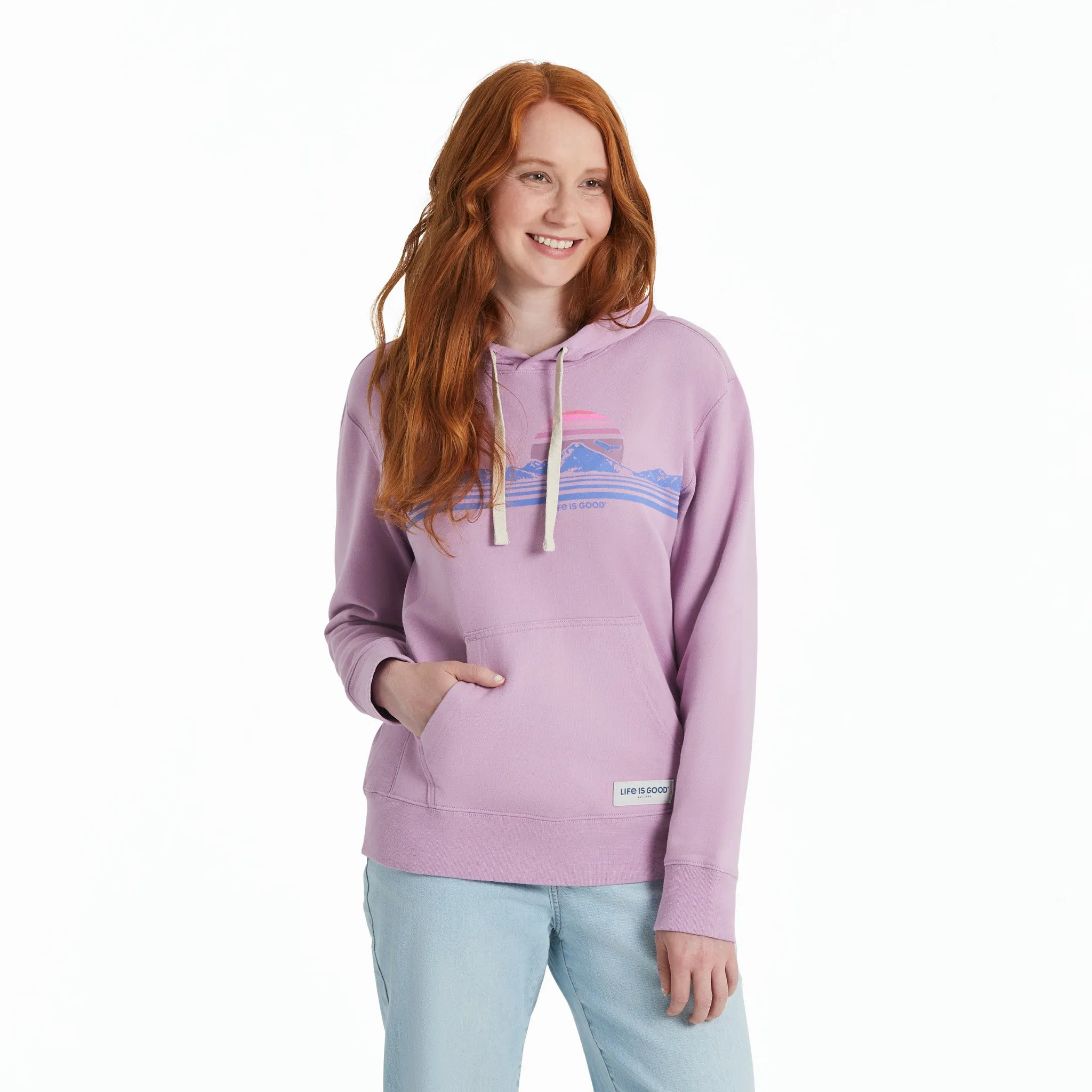 Women's Retro Mountainscape Simply True Fleece Hoodie tag accents