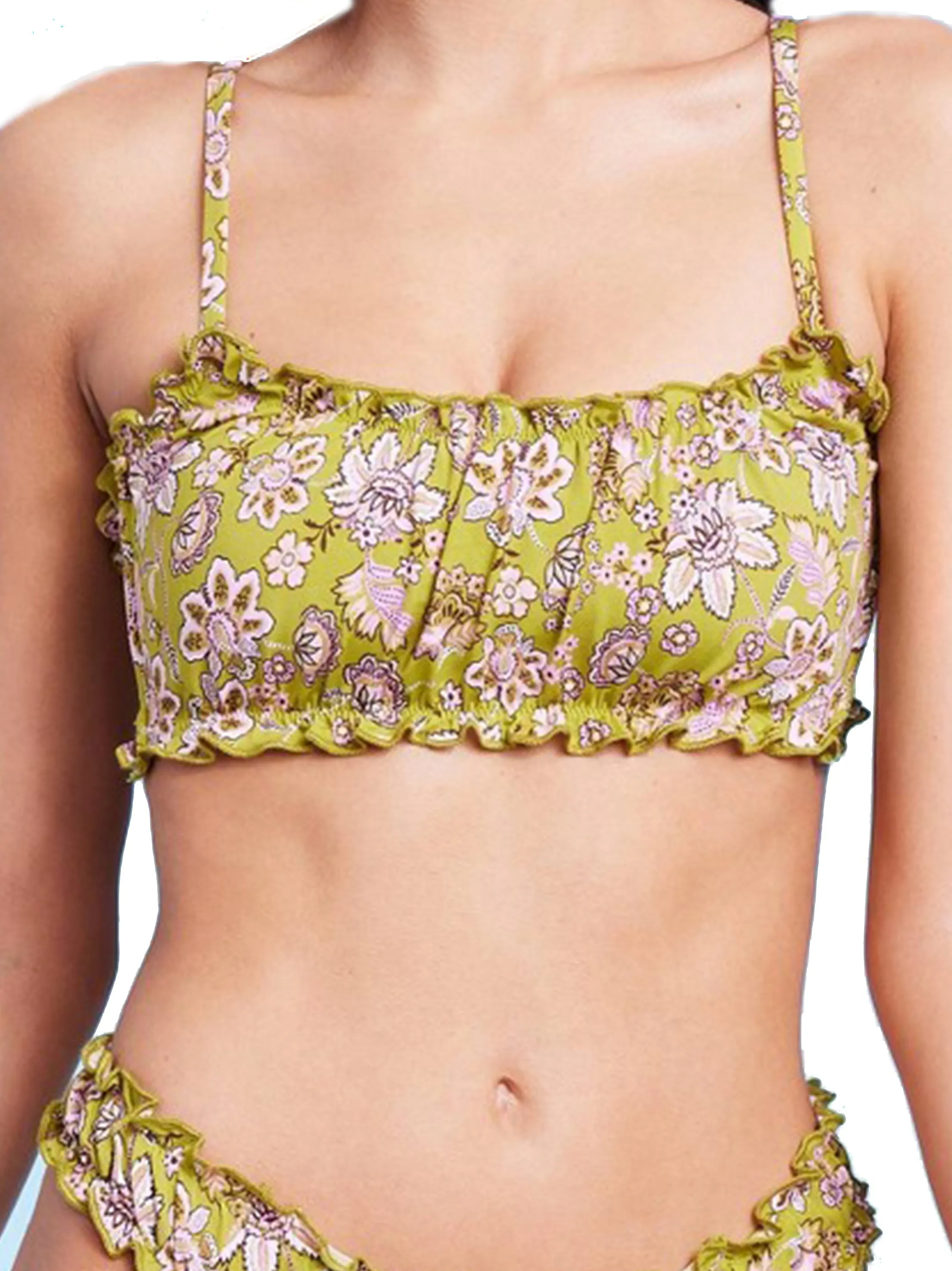 Women's Ruffle Detail Floral Bikini Top,Green Crown Fit Comfortable Sleep