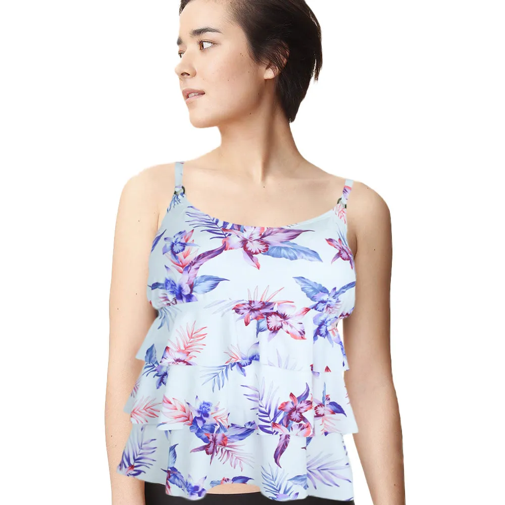Women's Ruffled Printed Tankini Top,White DoubleStitchedEdges