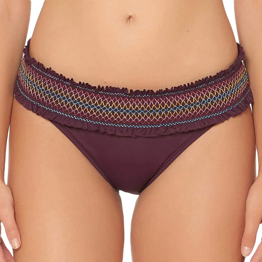 Women's Smocked Band Hipster Bikini Bottom,Purple Low Profile Padding Ergonomic Contour Design