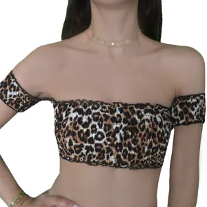 Women's Smocked Leopard-Print Bikini Top,Black/Camel Rash Guard Coating Supportive Underband