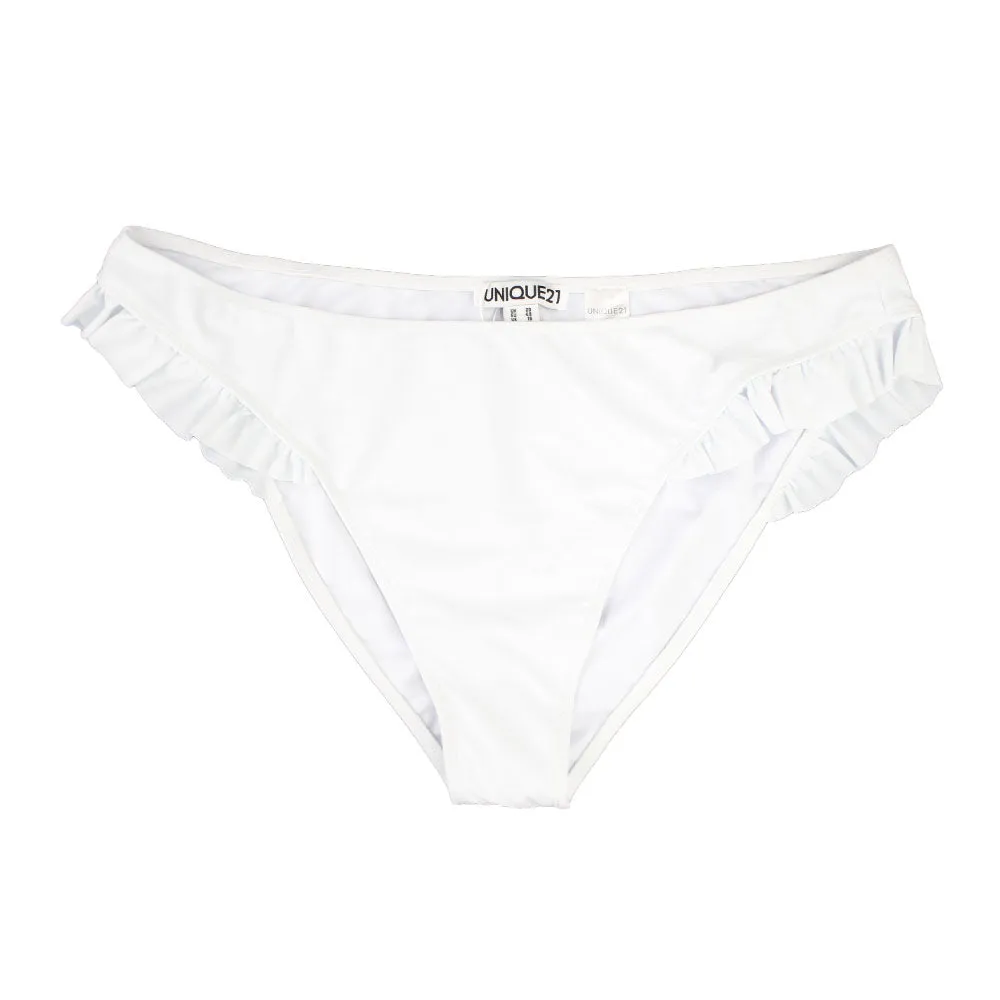 Quick Dry Fabric Tagless Design Women's Solid Ruffle-Side Bikini Bottom,White