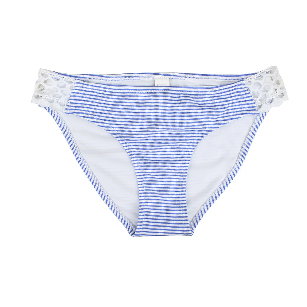 Women's Striped Lace Side Bikini Bottom,Blue/White Anti Odor Treatment Versatile Layering
