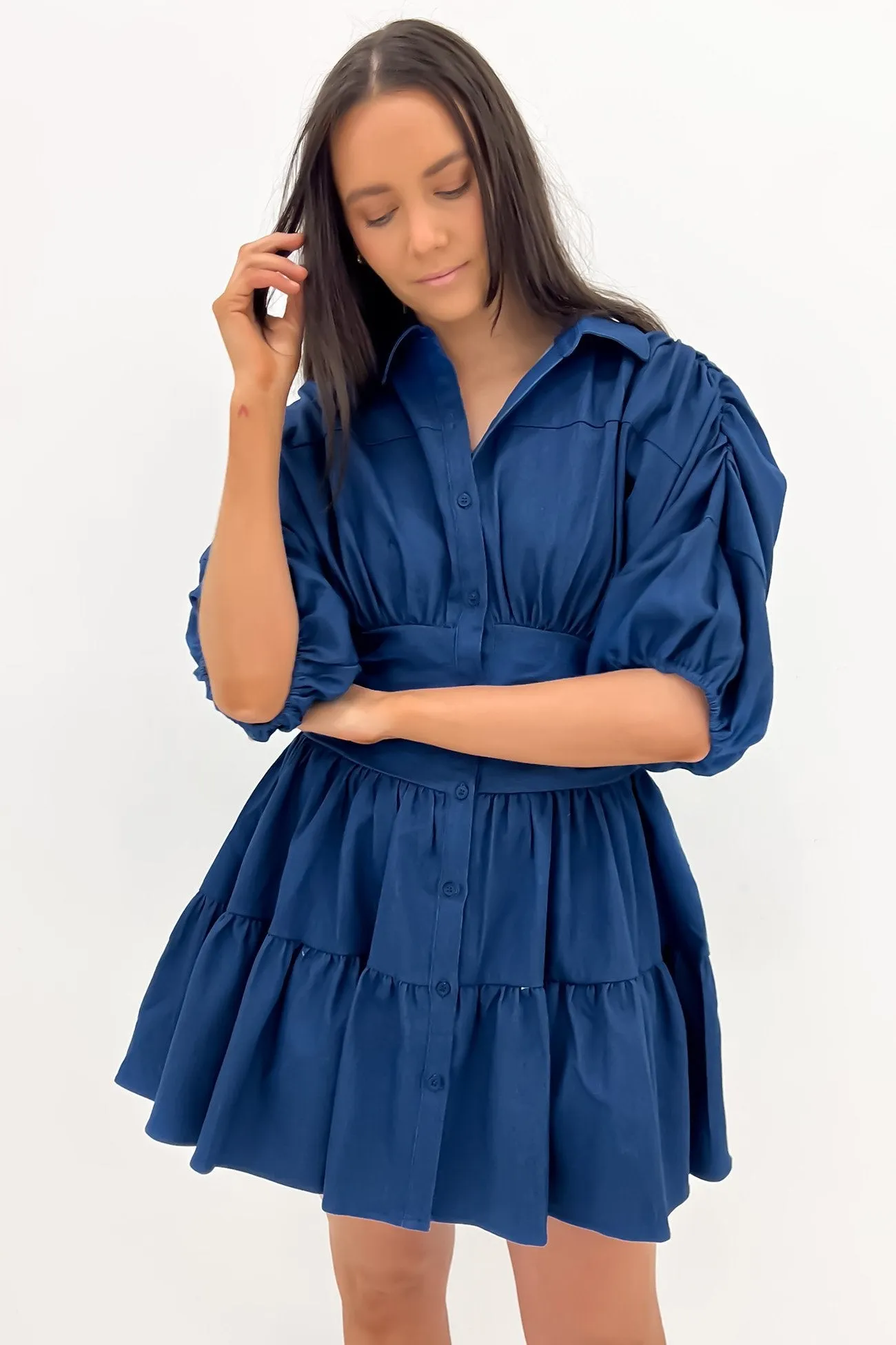 Calm Outfit Satin Soft Cambri Denim Mini Dress Blue